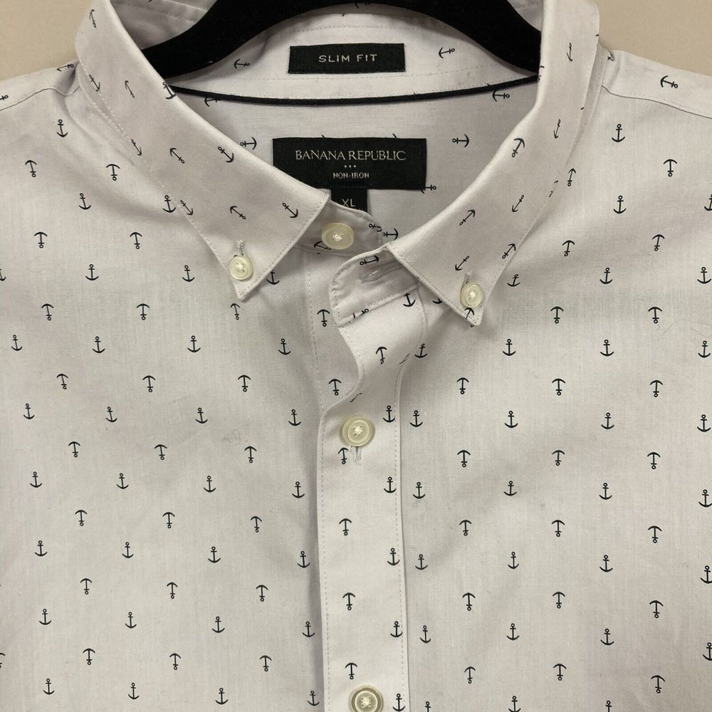Banana Republic Button Down Shirt XL‎ White Anchor AOP Print Slim Fit Non-Iron